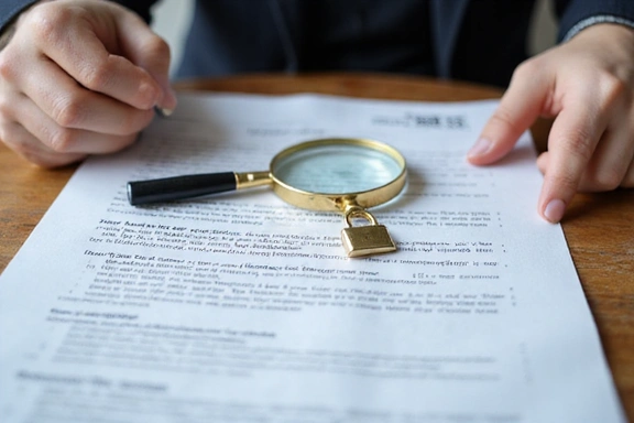 Persona leyendo un documento legal con lupa y candado.